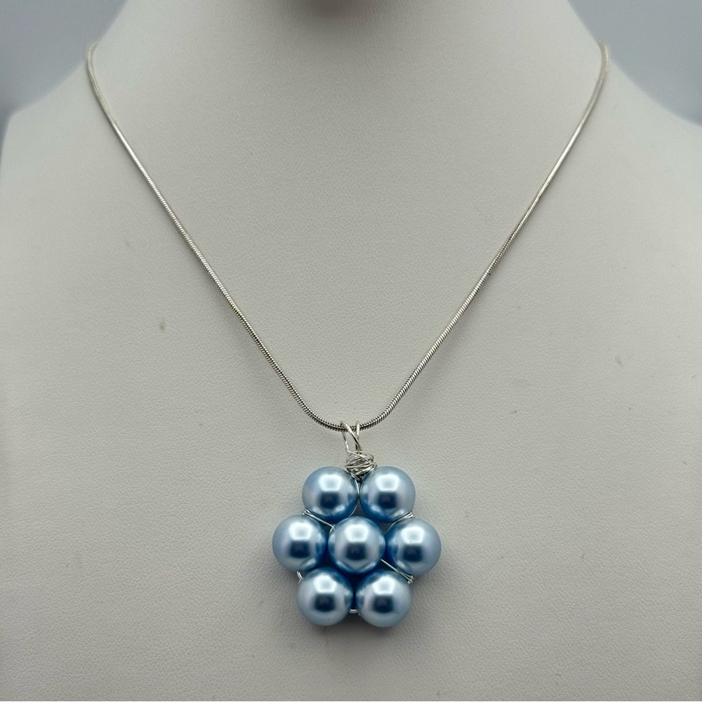 New Blue Swarovski Pearl Sterling Silver Wire Wrapped Cluster Pendant Necklace
